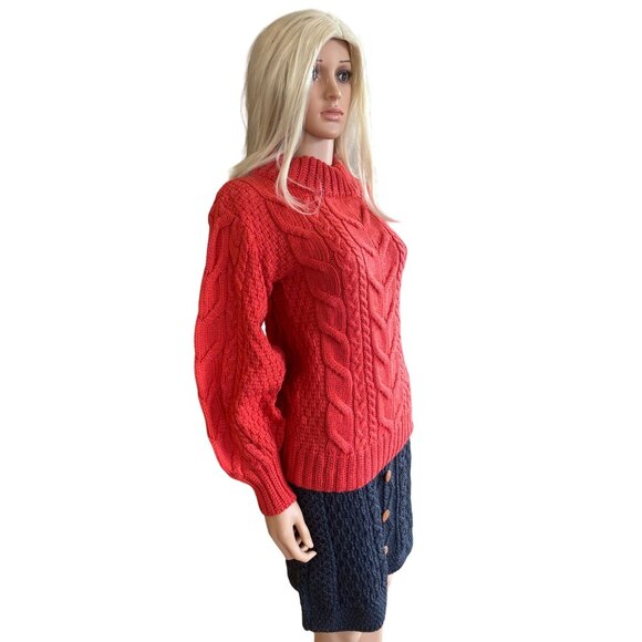 NWT Aran Woollen Mills Red Cable-knit Crew Neck Merino Sweater S Balloon Sleeves - Picture 9 of 14